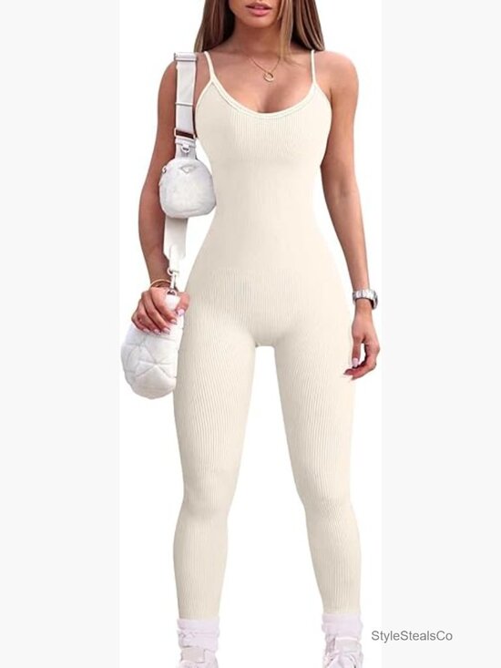 Pants - Women Seamless Ribbed Yoga Jumpsuit Bodycon Romper Spaghetti Strap